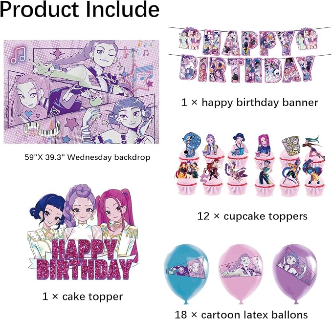 K-Pop Inspired Birthday Decorations Kit for Girls – Birthday Banner, 59 x 39.3 in Backdrop, 18 Balloons,1 Cake Topper & 12 Cupcake Toppers, Music Theme Party Supplies