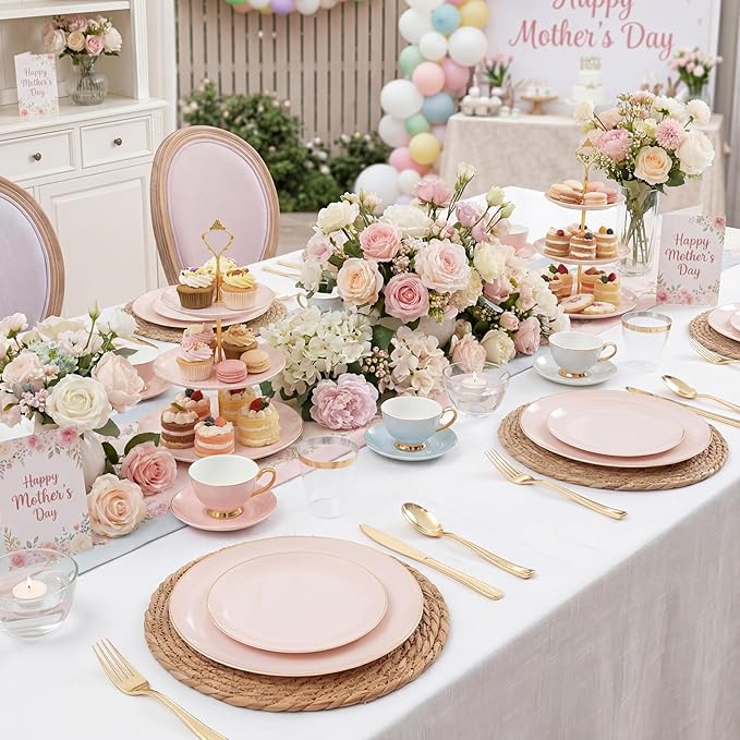 KIRE 175PCS Pink Plates Disposable - Heavy Duty Pink and Gold Plastic Plates Dinnerware Sets - 25 for Dinner 25 for Dessert 25 Pre Rolled Napkins 25Cups for Spring/Wedding/Mother's Day/Baby Shower