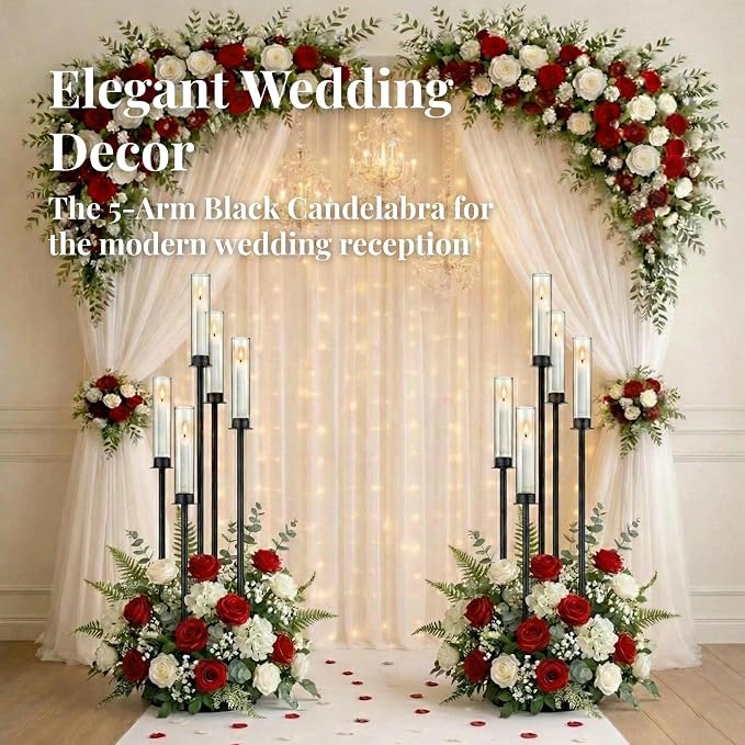 Black Candelabra with Glass Cylinders for Real Candles 5 Head Metal Candle Holder Wedding Centerpiece Ceremony Reception Event Party Home Decoration (2, L)