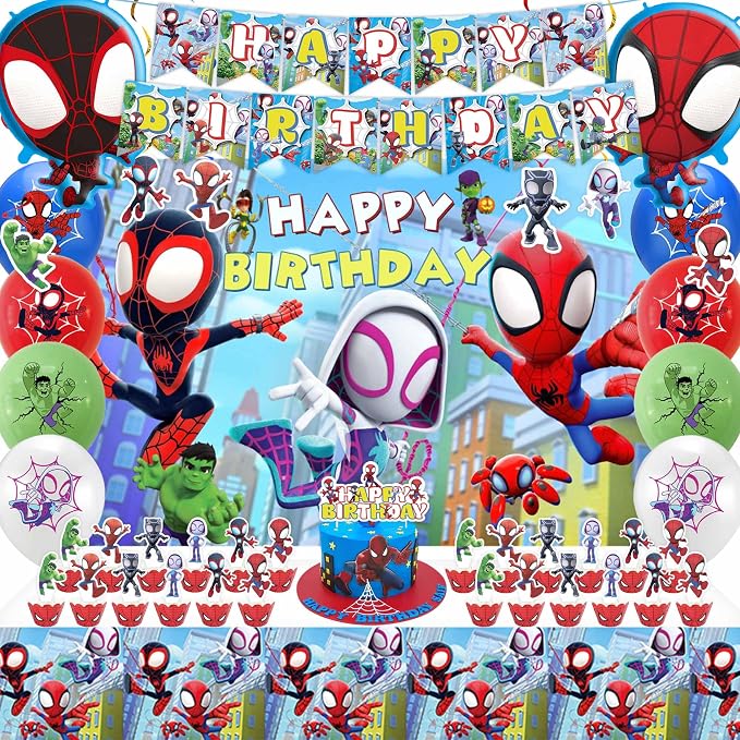 Cartoon Birthday Decorations Include Backdrop, Happy Birthday Banner, Balloons, Hanging Swirls, Tablecloth for Adult Theme Party Supplies