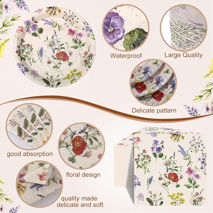 Ziliny 250 Pcs Wildflower Party Decorations Include Spring Summer Floral Paper Plates Napkins and Cups for Wildflower Baby Shower Tea Decorations, Serve 50 Guest(Multicolor,Rustic Style)