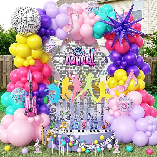 K-Pop Music Balloons Arch Kit, 119Pcs Pastel Hot Pink Royal Purple Teal Yellow Balloons Garland with Disco Guitar Notes Exploding Star Foil Balloon for Fans Singer Karaoke Birthday Party Decorations