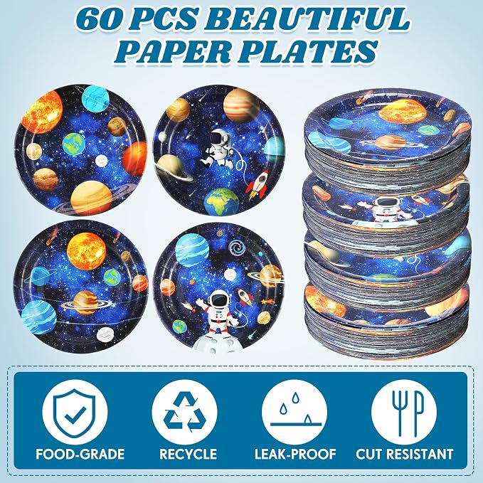 Funnymoom 60 Pcs Space Theme Party Decorations 9 Inch Astronaut Outer Space Paper Plates Solar System Birthday Party Supplies for Kids Galaxy Planet Rocket Ship Theme Decoration