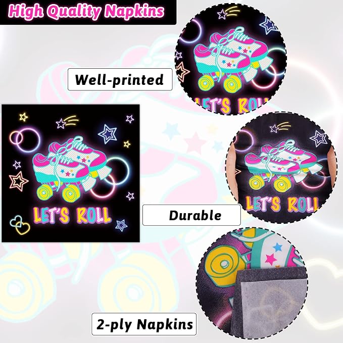 96pcs Roller Skating Party Supplies Tableware Set Retro Roller Skate Party Paper Plates Napkins Set Favors for Boys Girls Teens Birthday Dinnerware Decorations, Serve 24