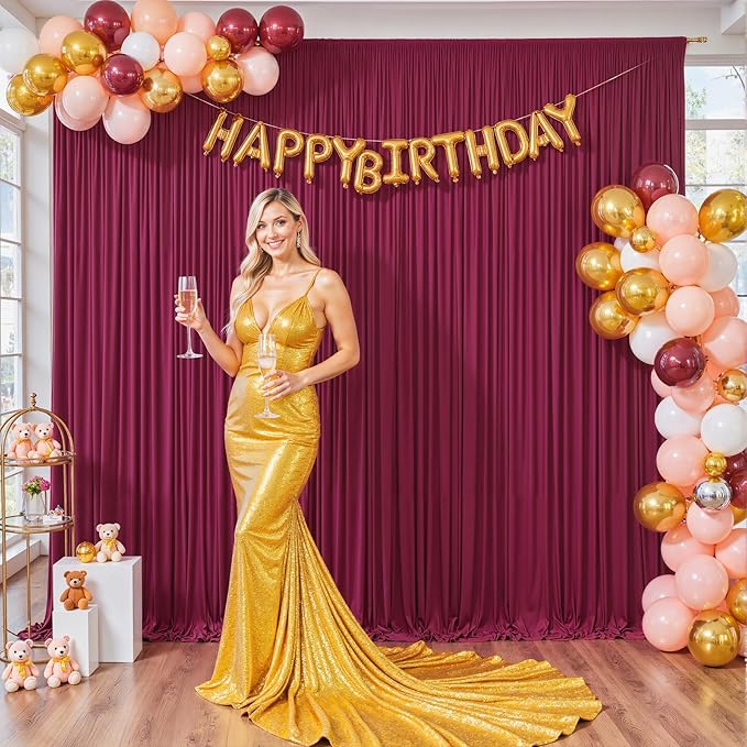 10ft x 7ft Burgundy Backdrop Curtain for Parties Wedding Maroon Wrinkle Free Backdrop Drapes Panels for Birthday Party Bridal Shower Photo Photography Polyester Fabric Background Decoration