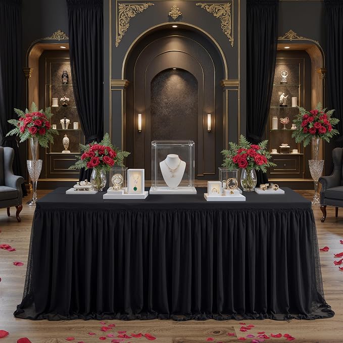 familus 6ft Black Spandex Fitted Tablecloth with Tulle Table Skirt - 2-in-1 Structured Tutu Table Cover for Weddings, Trade Shows, Banquets & Professional Events