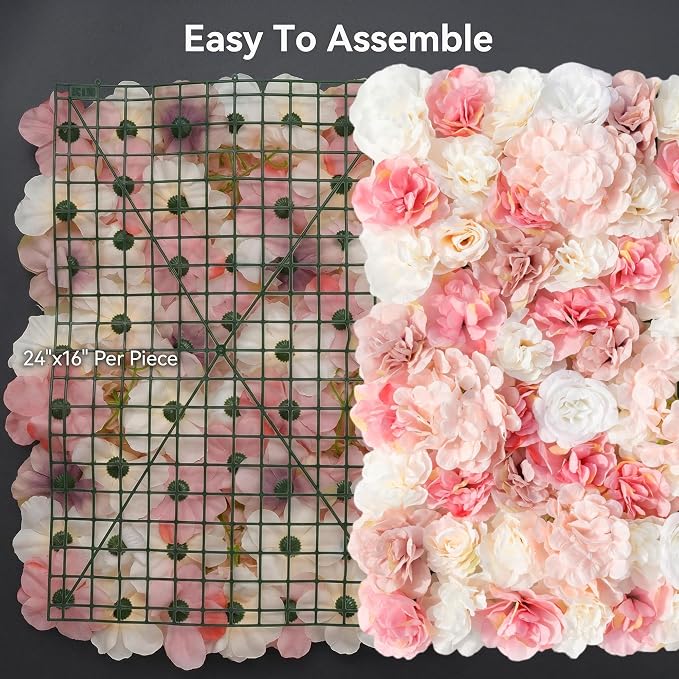 3D Flower Wall Backdrop 6 Pack, 24x16 Inch Blush Pink & Ivory Artificial Rose Panels, Polyester Material for Wedding, Party, Photo Studio, Home & Fence Decor