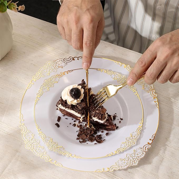 Goodluck 250 PCS Vintage White & Gold Rim Plastic Plates with Cutlery Set - Serves 50 - Heavy Duty Elegant Disposable Dinnerware for Formal Wedding, Catering, Upscale Party