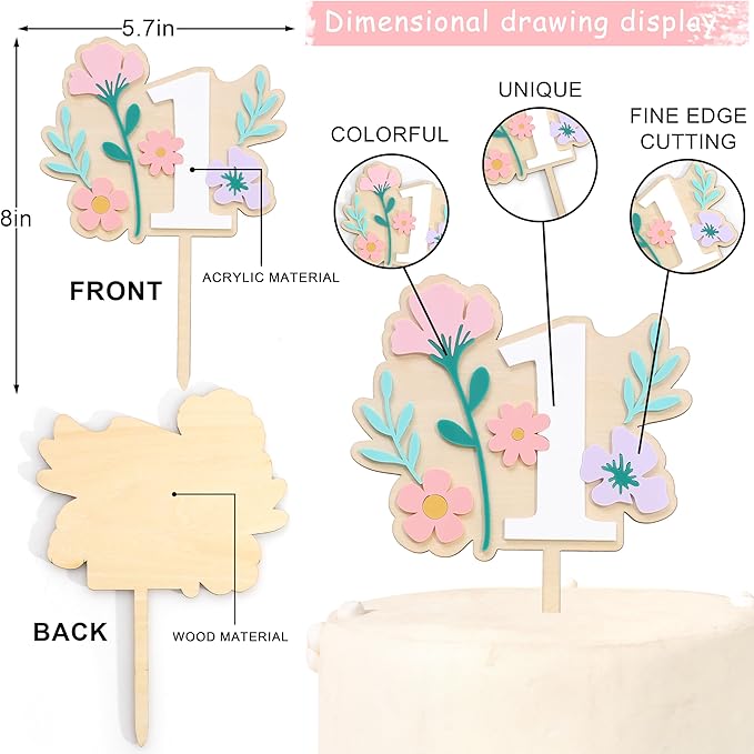 Wooden Wildflower Cake Topper - Wildflower First/1st Birthday Party Decorations,Flower 1st Cake Topper,Girl First Birthday Party Decorations (Flower-1)