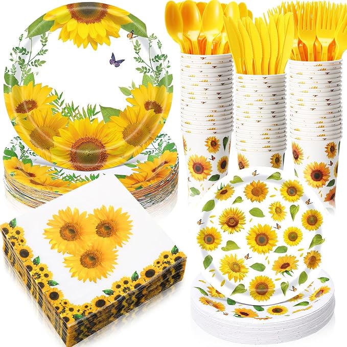 Pickmesh 400 Pcs Sunflower Party Supplies for 50 Guests Disposable Paper Plates Napkins Cups Spoons Forks Knives for Birthday Wedding Bridal Shower Baby Shower Sunflower Table Decorations