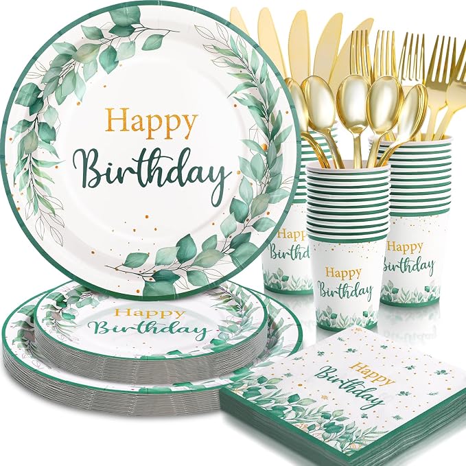 Sage Green Birthday Decorations for Women, Happy Birthday Plates and Napkins Set 168Pcs, for Boho Neutral Sage Green Decorations, Serve 24