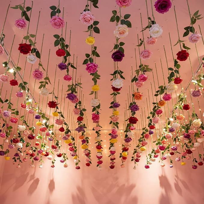 Lyrow 60 Pack Artificial Flower Hanging Flowers Ornament Colorful Floating Garland Ceiling Vine for Boho Wedding Hippie Tropical Fiesta Rainbow Birthday Party Floral Baby Shower Photo Booth Wall Decor