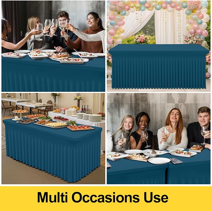 Smiry Spandex Tablecloth 2 Pack, Elastic Fitted Stretch Tablecloth for 8FT Rectangle Tables, Waterproof Washable Table Cover Skirt for Wedding, Banquet & Parties (Peacock Blue, 96Lx30Wx30H Inch)