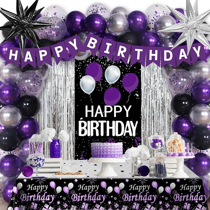 Purple and Black Birthday Decorations for Women Men, Happy Birthday Decorations for Girls Boys Purple Bday Party Decorations Banner, Balloons, Tablecloth Foil Backdrop Star Balloons Bday Party Decor