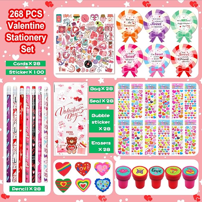 268 PCS Valentines Day Gifts for Kids Classroom Valentines Day Goodie Bag Stuffers Valentines Party Favors Bulk valentines gifts for Kids Valentines Day Gifts for School