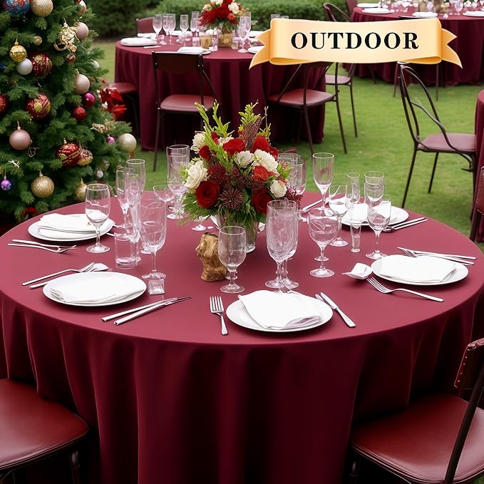 sancua Round Tablecloth - 120 Inch - Water Resistant Spill Proof Washable Polyester Table Cloth Decorative Fabric Table Cover for Dining Tables, Buffet Parties and Camping, Burgundy