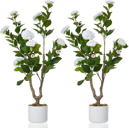 Garvee 3FT Artificial Camellia Tree 2 Pack, Faux Camellia Plant with White Planter and 16 White Flowers, 36" Fake Potted Flower Trees for Home and Office Decor