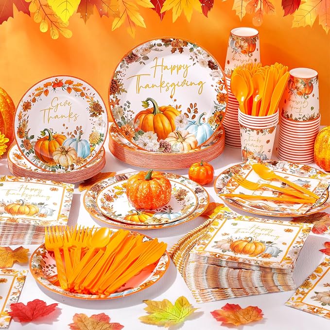 Funnymoom Thanksgiving Party Supplies for 50 Guests Pumpkin Autumn Disposable Plates Napkins Cups Spoons Forks Knives for Fall Harvest Give Thanks Party Decoration