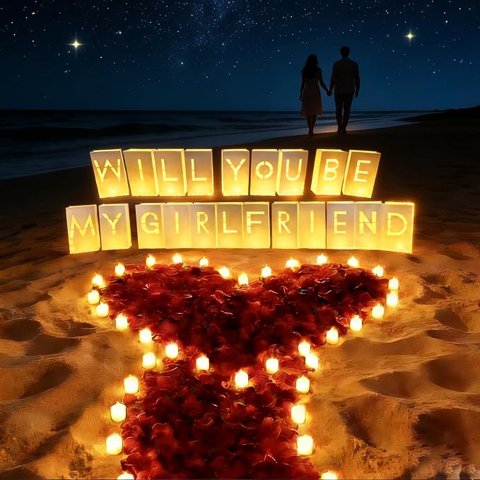 Will You Be My Girlfriend Light Up Letters Proposal Decorations with Luminary Paper Bags,Led Tea Candles,Red Rose Petals for Romantic Night,Valentines Day,Engagement Party,Proposals