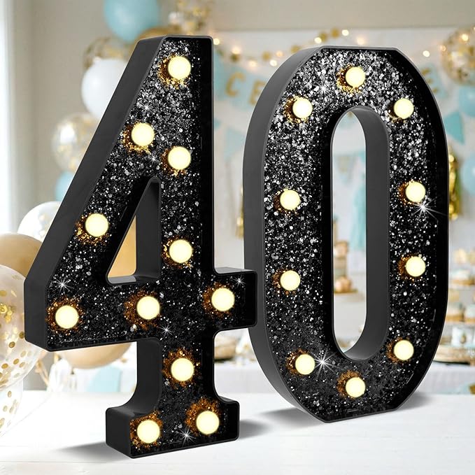 12.6 Inch LED Black Marquee Light Up Numbers, 40th Birthday Decorations Number Lights as Gifts for Women Men, Glitter Lighted Marquee Numbers for Black Anniversary Party Table Decor, 40