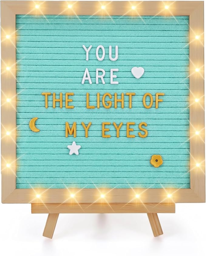 Changeable Felt Letter Board with LED Lights - 10×10" Message Custom Signs & Wood Stand & 450 Letters, Poster Board for Baby/Pregnancy Announcement/Classroom Wall Decor Gifts First Day of School, Blue