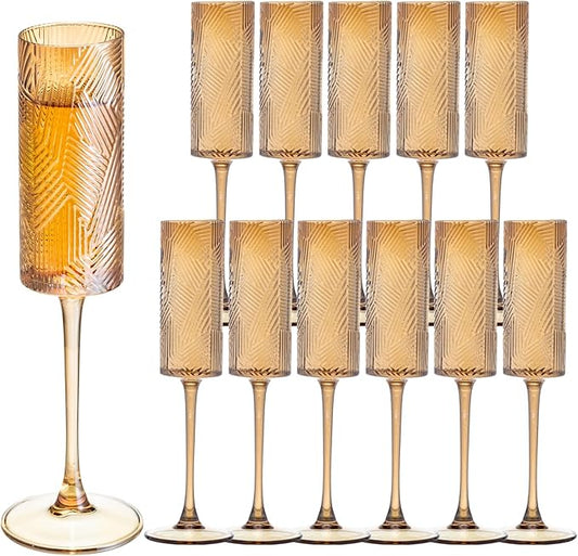 12 Pieces Amber Champagne Flutes,6 OZ Twill Pattern Striped Vintage Stem Glasses Stemware Wine Glasses Champagne Long Stem Drinking Colored Glasses Goblets for Wedding Cocktail Cups,Cava, Prosecco