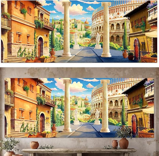 Fanfanwin 6x18ft Rome Theme Backdrop 2026 VBS Ancient Roman Market Background Giant Fabric Wall Hanging Banner Rome Theme Party Decoration Photography Props for Vacation Bible School Church Decor