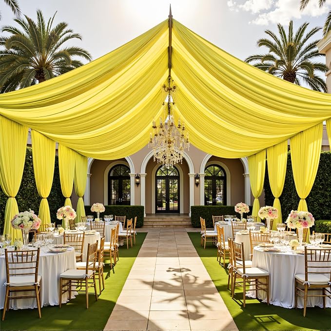 20ftx40ft Light Yellow Ceiling Curtain for Wedding Parties – 4 Panels Wrinkle-Free 40 FT Long Tent Draping Curtains for Wedding, Birthday & Theme Parties, 40ft Height with Rod Pocket
