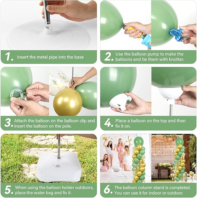 2 Sets Sage Green Balloon Column Stand Kit with 100 Balloons Spring Graduation Adjustable Balloon Tower Stand with Bases Olive Green Gold Column for Mother's Day Birthday Wedding Party Decor