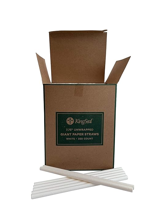 350 Count | Kingseal Disposable Paper Drinking Straws, Unwrapped, WHITE, 7.75 Inch Length x 8mm Diameter, "Giant" Size, White, Biodegradable, Earth Friendly, Bulk Pack - 1 Box of 350 Straws