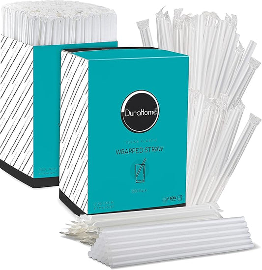 DuraHome Clear Plastic Straws Individually Wrapped 1000 Pack, Long 10.25" inch BPA Free Restaurant Style Disposable Drinking Straw 0.24" Wide, for Coffee House, Diner or Home, Decorative Display Boxes