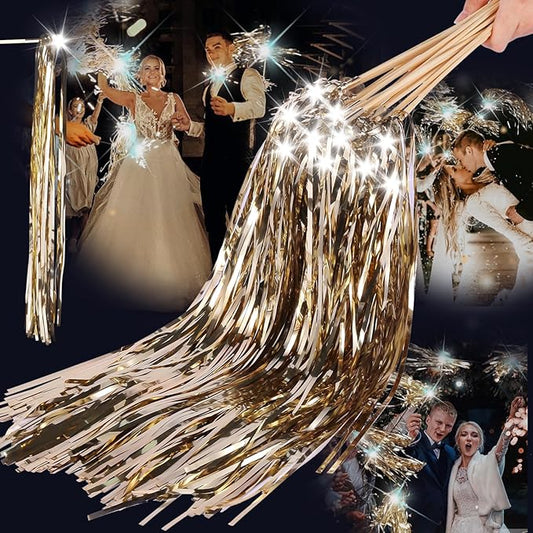 Drixbor 100 PCS Light Up Wedding Wands - LED Tinsel Streamers for Wedding Send Off & Grand Entrance, Party Favors for Weddings Birthdays Christmas (Champagne)
