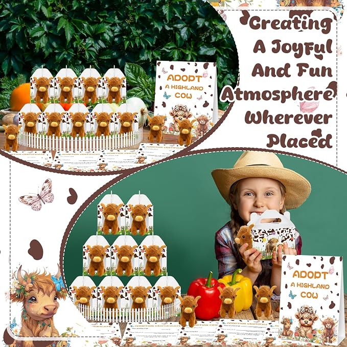 38 Pcs Adopt a Highland Cow Plush Party Favors Include 12 Highland Cows Stuffed Animal 12 Adoption Card 12 Cattle Theme Boxes 1 Adoption Sign 1 Fence for Birthday Party Favors Stress Relief Gifts