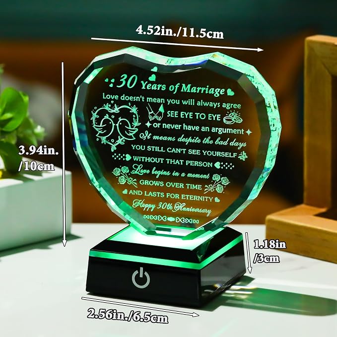 Arikyrist 30th Wedding Anniversary Crystal Heart Gifts for Couples Parents, Laser Engraved 30 Year Anniversary Crystal Keepsake Gifts for Wife Husband, Romantic 30 Years of Marriage Gift for Her Him