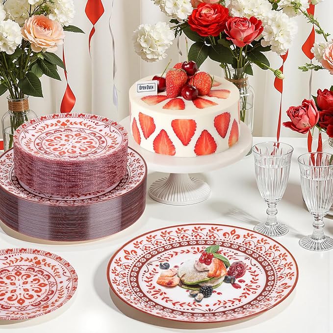 Hioasis 60pcs Red Plastic Plates Set - Floral Red & White Porcelain Design, 10.25" Dinner & 7.5" Dessert Plates Disposable for Christmas (Dishwasher Safe, Traditional Style)