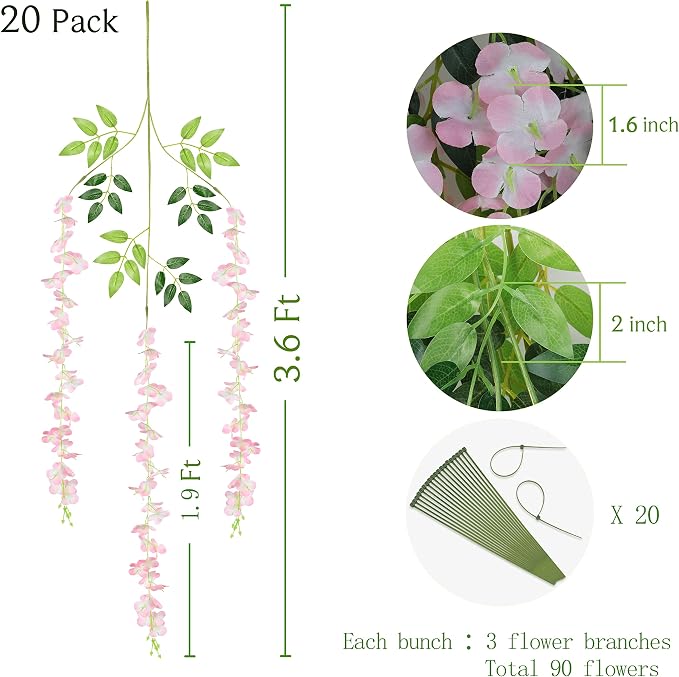 BLEUM CADE 20Pcs Pink Fake Wisteria Hanging Flowers, 3.6Ft/Pcs Artificial Wisteria Garland, Hanging Flowers for Wedding Party Home Backdrop Wall Decoration