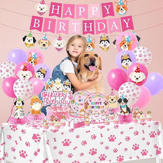 Dog Birthday Party Decorations Include Lets Pawty Plates Napkins Pink Puppy Tablecloth Banner Balloons Cupcake Toppers Tableware Set for Girls Puppy Birthday, Dog Party Decorations Serves 24