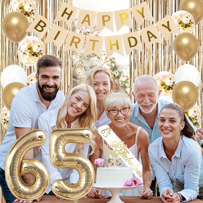 Trgowaul 65th Birthday Decorations for Women, Banner, Sash and Crown, Cake Topper, 65 Number Balloon, Fringe Curtains, Champagne Gold 65th Birthday Party Supplies
