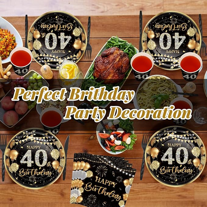 240 Pcs 40th Birthday Decorations 1986 Birthday Party Tableware Include Plates Napkins 9oz Cups Cutlery 40th Anniversary Party Supplies for Men Women Him Her, Serve 30 Guests (Black Gold)