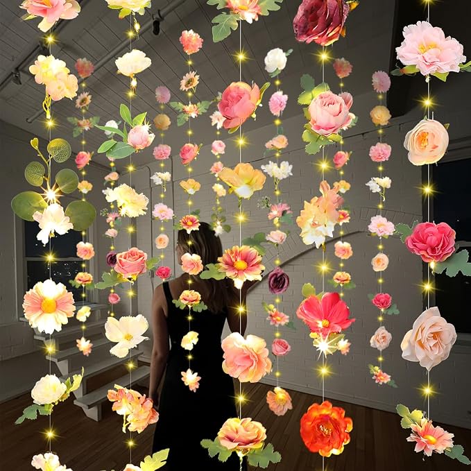 Suncalla 6 Pack 35.4ft Fake Flower Garland Backdrop with LED Lights Hanging Wildflower Floral Vine Decorations for Wedding Bridal Shower Birthday Baby Shower Party Backdrop(Lovely,Multicolor)