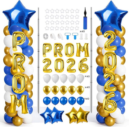 2 Sets Graduation Balloon Column Stand Kits with 132 PCS Golden Blue White Latex Balloons 2026 Letters 6.5 Ft Adjustable Metal Tube Telescopic Tower Pillar with Base for Graduation Party Decoration