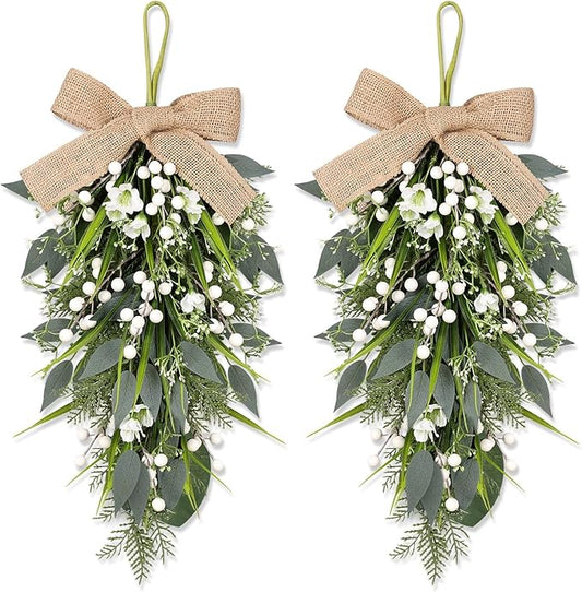 2 Pcs 24" Artificial White Flower Teardrop Wreaths Swag Spring Summer Berries Swags Wreath White Floral Hanging Wreaths for Kitchen Cabinet Doors Window Wall Wedding Party Home Decor