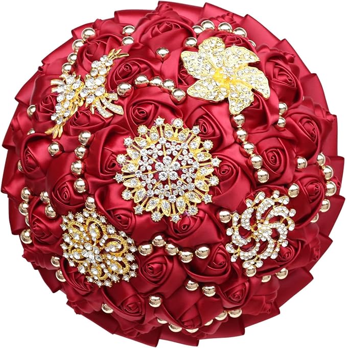 Burgundy Bridal Wedding Bouquet Luxury Gold Rhinestone Brooch Bouquet for Bride Bridesmaid Quinceanera Artificial Satin Rose Flower Bouquet Wedding Burgundy 9.5in