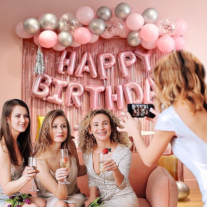 pink birthday decorations for women ，happy birthday party decorations for girls，pink Fringe Curtain，happy birthday banner，happy birthday balloons，happy birthday balloon letters