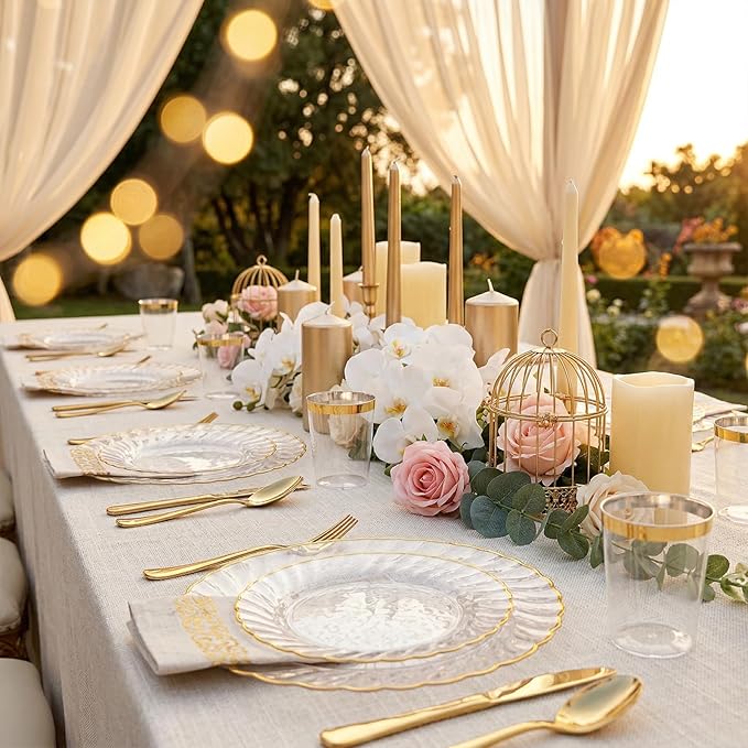 YOUBET 175PCS Gold Scalloped Plastic Plates - Clear and Gold Disposable Dinnerware Set Include 50 Plates, 75 Gold Silverware, 25 Cups, 25 Napkins for Party & Wedding