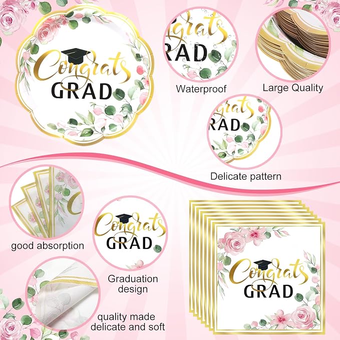 Pickmesh 250 Pcs Class of 2026 Graduation Party Supplies for 50, Pink and Gold Floral Congrats Grad Paper Plates Napkins Cups Disposable Graduation Party Tableware Set for Grad Table Decoration