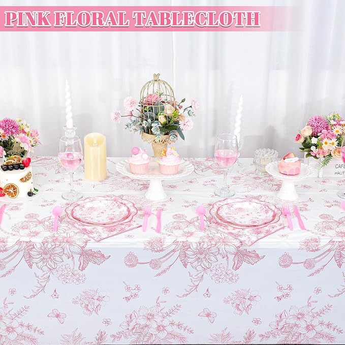 6 Pack Pink Floral Plastic Tablecloths, 54 x 108 Inch Tea Party Tablecloth | PE material, waterproof surface, fits rectangular 8-10 seat tables, for tea party, wedding, birthday, baby shower