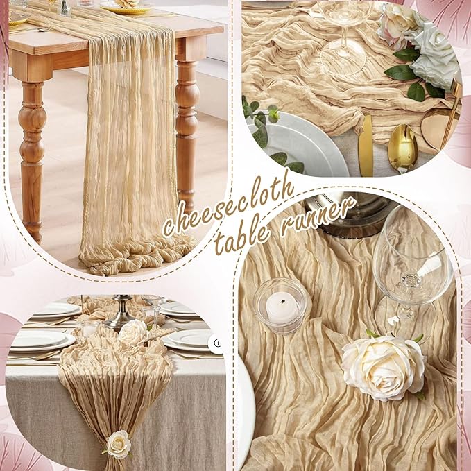 8 Pack Beige Cheesecloth Table Runner 10FT Long Boho Gauze Fabric Table Runner Vintage Rustic Sheer Runners for Wedding Party Bridal Baby Shower Table Decorations
