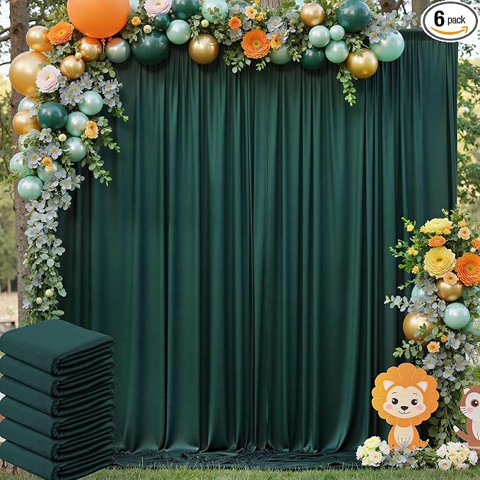 30ft x 10ft Wrinkle Free Hunter Green Backdrop Curtain for Jungle Parties, 6 Panels 5×10ft Soft Silky Green Polyester Photo Backdrop Drapes for Wedding Birthday Photography Christmas Background Cloth