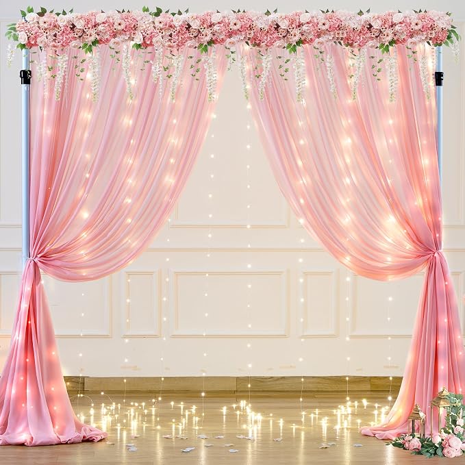 20ft x 10ft Baby Pink Chiffon Backdrop Curtain with Lights String for Parties,4 Panels Sheer Tulle Curtain Wedding Backdrop for Baby Shower Birthday Party Ceremony Reception Home Decorations